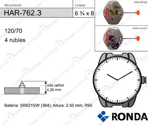 Imagen de Movimiento de pulsera de cuarzo Ronda 762 con altura de cañón especial Ref: HAR-762.3