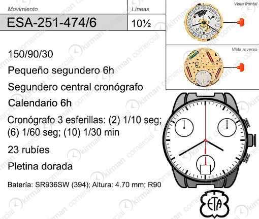 Imagen de Movimiento de pulsera ETA 251-474 con calendario a las 6h 