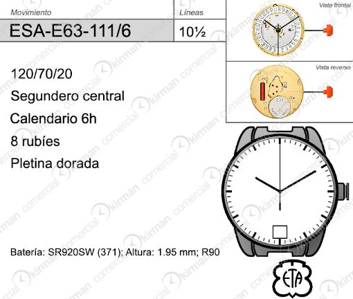 Imagen de Movimiento de pulsera ETA E63-111 con calendario a las 6h