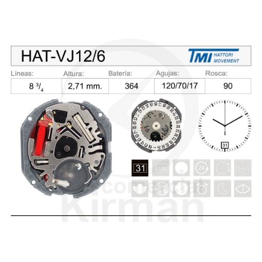 Imagen de Movimiento de pulsera Hattori VJ12 con calendario a las 6h
