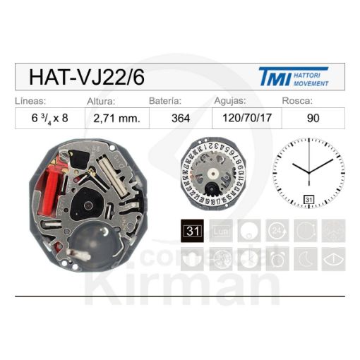 Imagen de Movimiento de pulsera Hattori VJ22 con calendario a las 6h