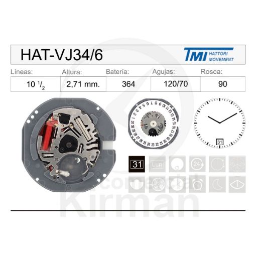 Imagen de Movimiento de pulsera Hattori VJ34 con calendario a las 6h