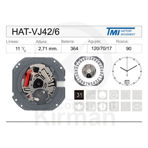 Imagen de Movimiento de pulsera Hattori VJ42 con calendario a las 6h