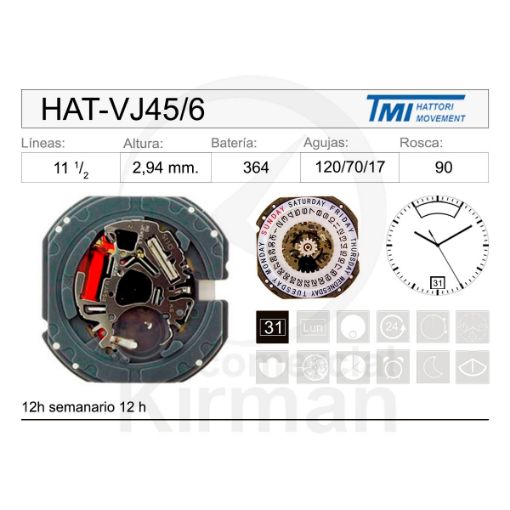 Imagen de Movimiento de pulsera Hattori VJ45 con calendario a las 6h