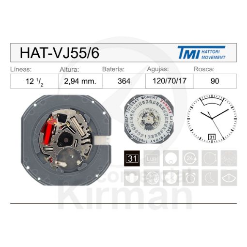 Imagen de Movimiento de pulsera Hattori VJ55 con calendario a las 6h