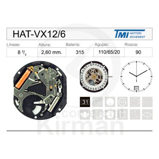 Imagen de Movimiento de pulsera Hattori VX12 con calendario a las 6h