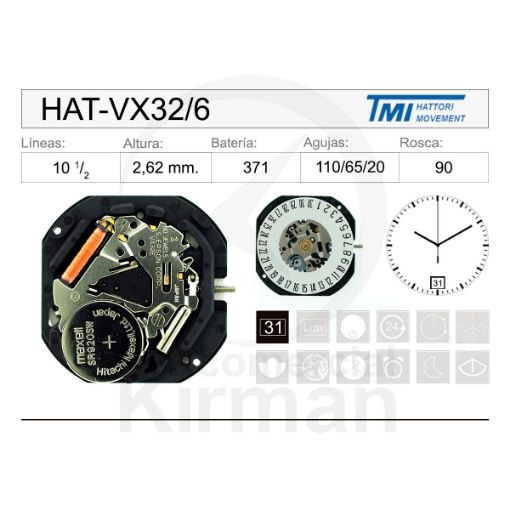 Imagen de Movimiento de pulsera Hattori VX32 con calendario a las 6h