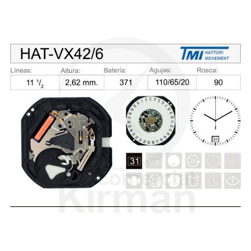 Imagen de Movimiento de pulsera Hattori VX42 con calendario a las 6h