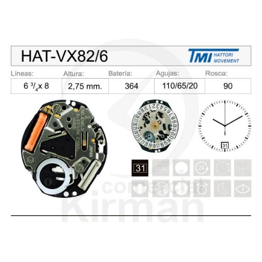 Imagen de Movimiento de pulsera Hattori VX82 con calendario a las 6h