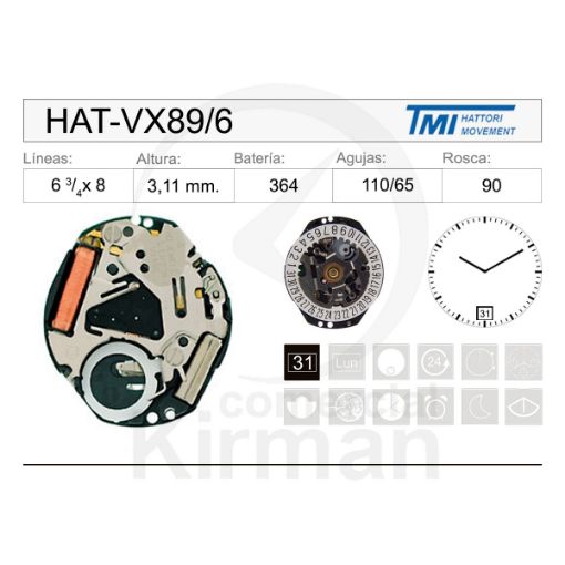 Imagen de Movimiento de pulsera Hattori VX89 con calendario a las 6h