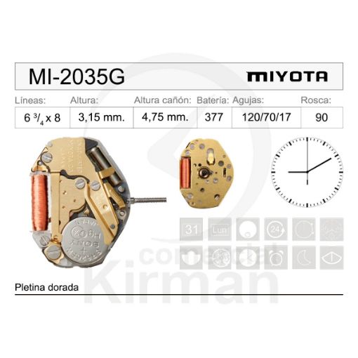 Imagen de Movimiento de pulsera de cuarzo Miyota 2035 dorado