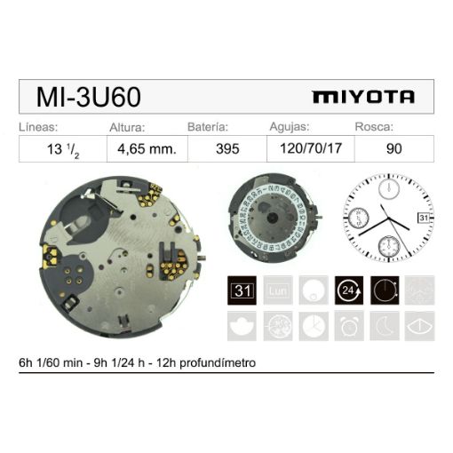 Imagen de Movimiento de pulsera de cuarzo Miyota 3U60