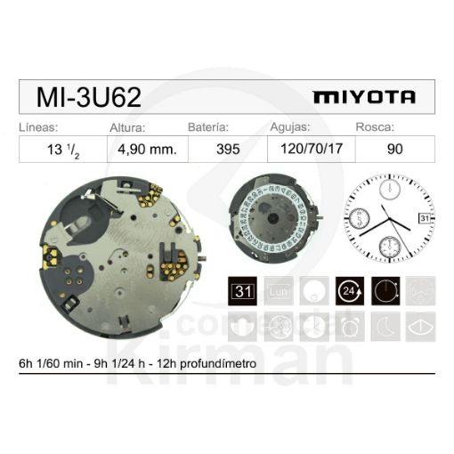 Imagen de Movimiento de pulsera de cuarzo Miyota 3U62