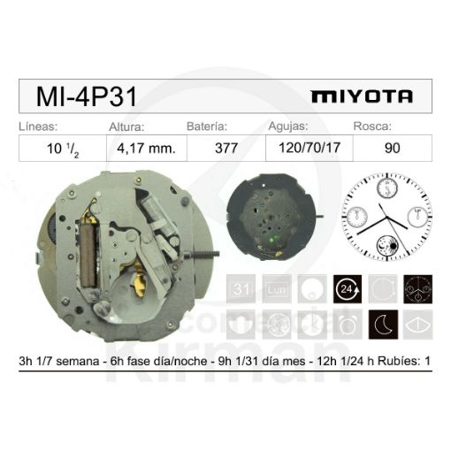 Imagen de Movimiento de pulsera de cuarzo Miyota 4P31