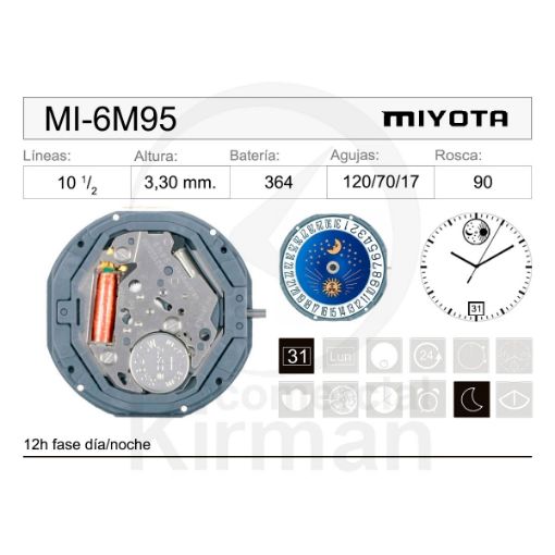 Imagen de Movimiento de pulsera de cuarzo Miyota 6M95