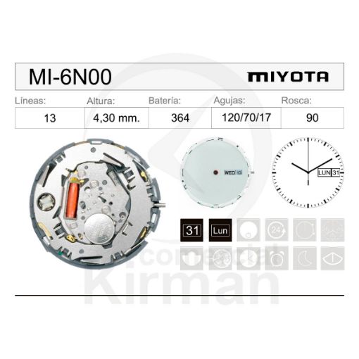 Imagen de Movimiento de pulsera de cuarzo Miyota 6N00