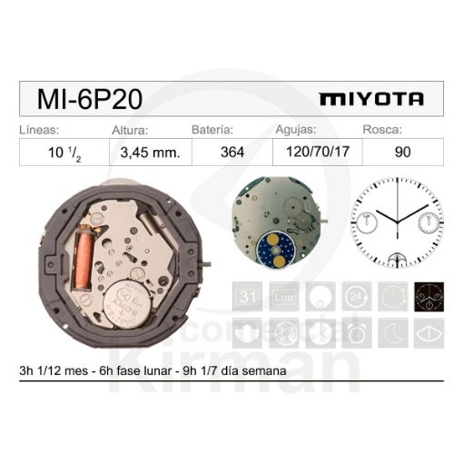 Imagen de Movimiento de pulsera de cuarzo Miyota 6P20