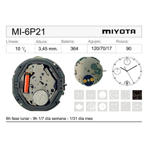 Imagen de Movimiento de pulsera de cuarzo Miyota 6P21