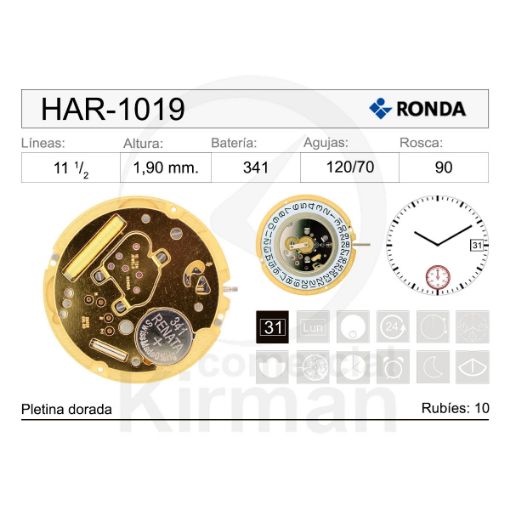 Imagen de Movimiento de pulsera de cuarzo Ronda 1019