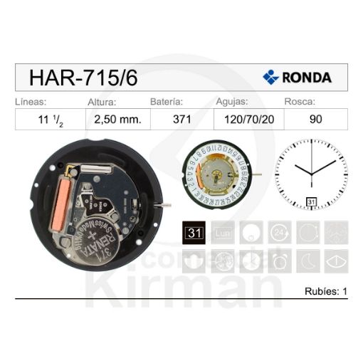 Imagen de Movimiento de pulsera de cuarzo Ronda 715 con calendario a las 6h
