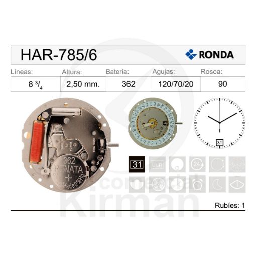 Imagen de Movimiento de pulsera de cuarzo Ronda 785 con calendario a las 6h