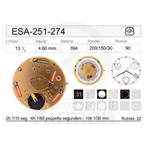 Imagen de Movimiento de pulsera ETA 251-274 con calendario a las 4h