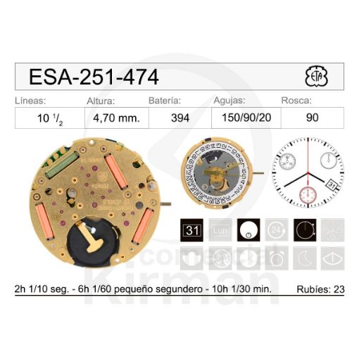 Imagen de Movimiento de pulsera ETA 251-474 con calendario a las 4h