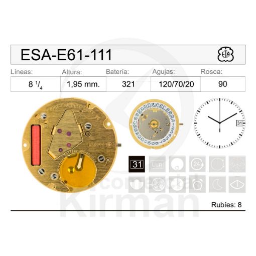 Imagen de Movimiento de pulsera ETA E61-111 con calendario a las 3h