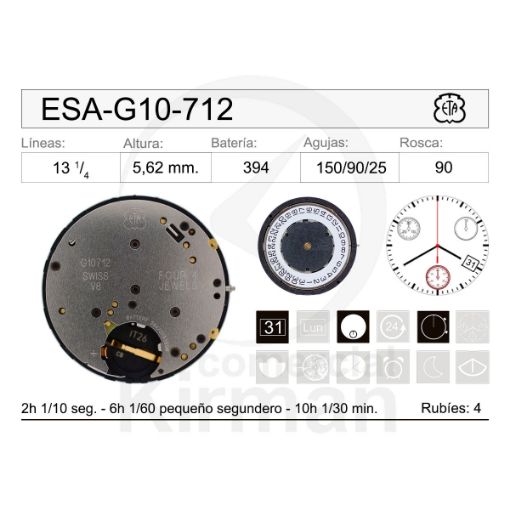 Imagen de Movimiento de pulsera ETA G10-712 con calendario a las 4h