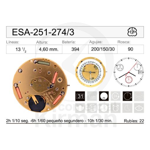 Imagen de Movimiento de pulsera ETA 251-274 con calendario a las 3h