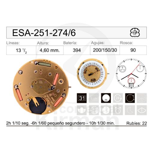 Imagen de Movimiento de pulsera ETA 251-274 con calendario a las 6h