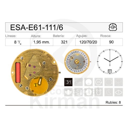 Imagen de Movimiento de pulsera ETA E61-111 con calendario a las 6h