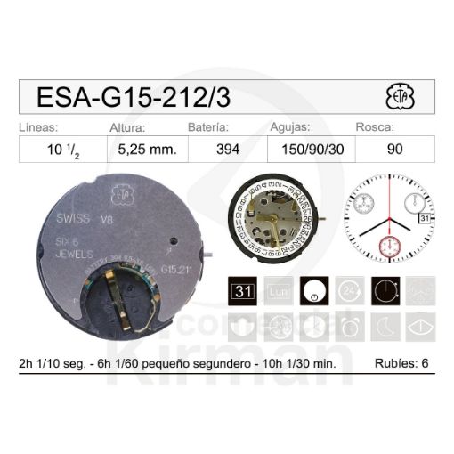 Imagen de Movimiento de pulsera ETA G15-212 con calendario a las 3h