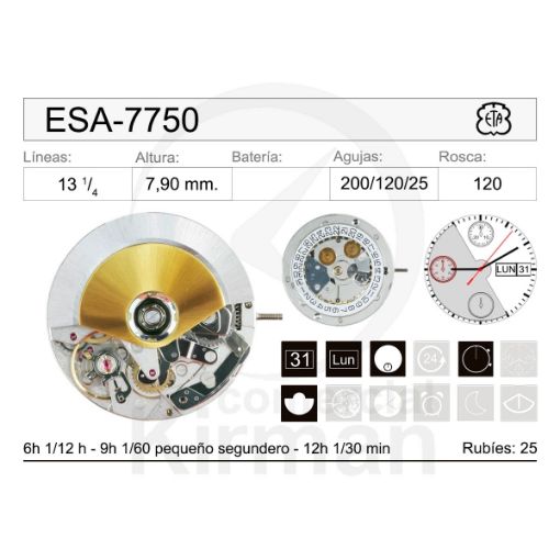 Imagen de Movimiento de pulsera mecánico automático ETA 7750