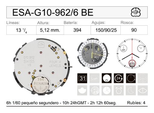 Imagen de Movimiento de pulsera ETA G10-962/6 BE