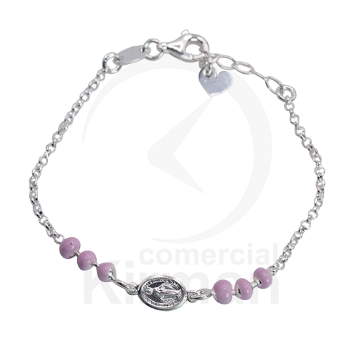Imagen de PULSERA MILAGROSA ESMALTE ROSA 14+2 CMS PLATA 925