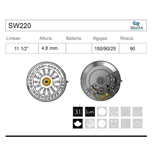Movimiento de pulsera mecánico automático Sellita SW220 cromado